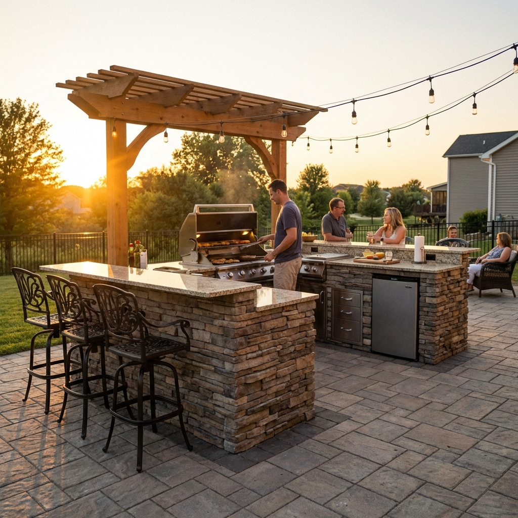 Custom outdoor kitchen with stone veneer