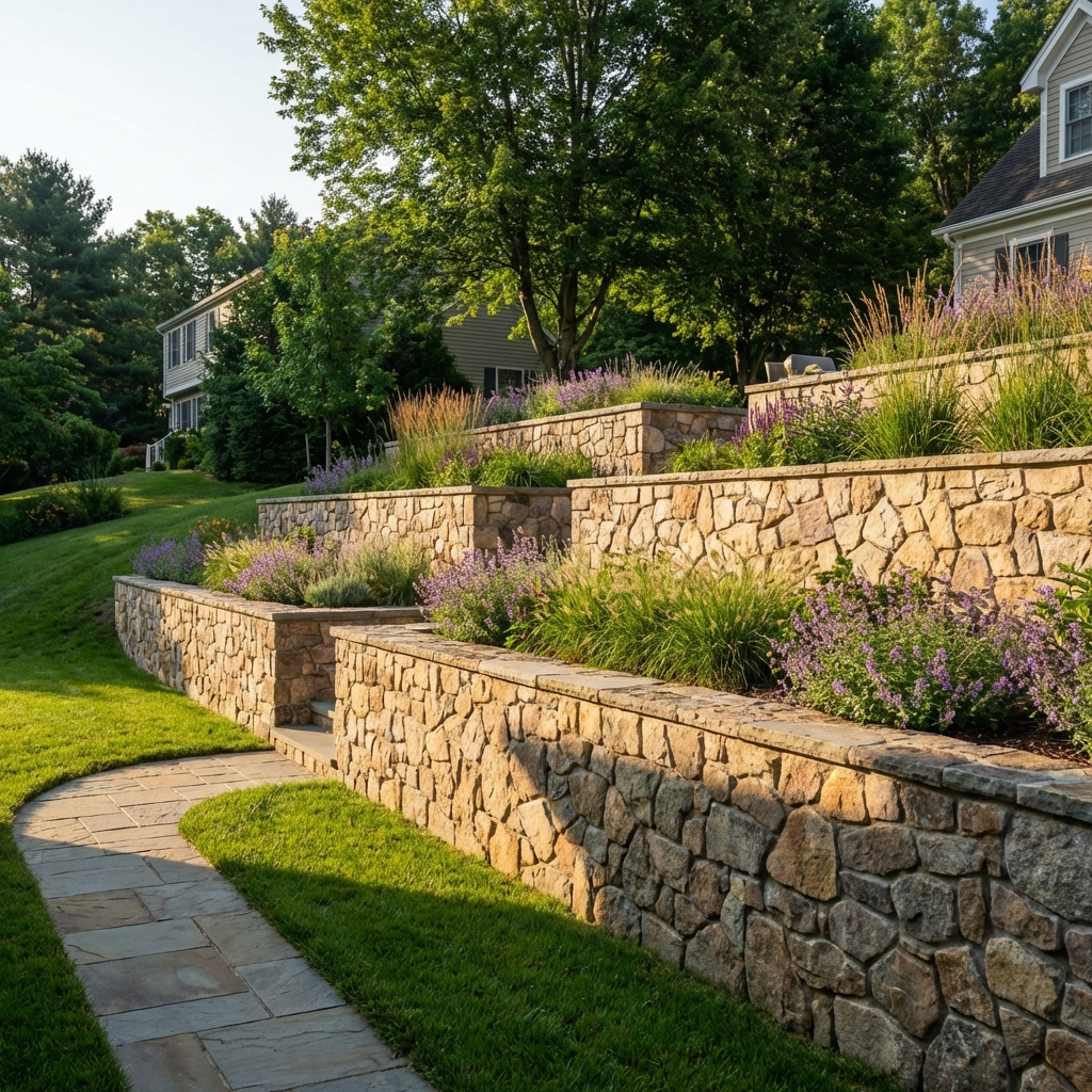 Stone retaining wall terracing